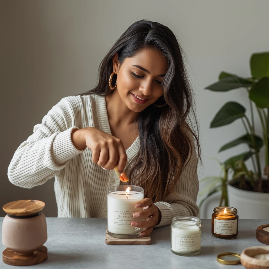 Indian woman making handmade candles at home small business setup
