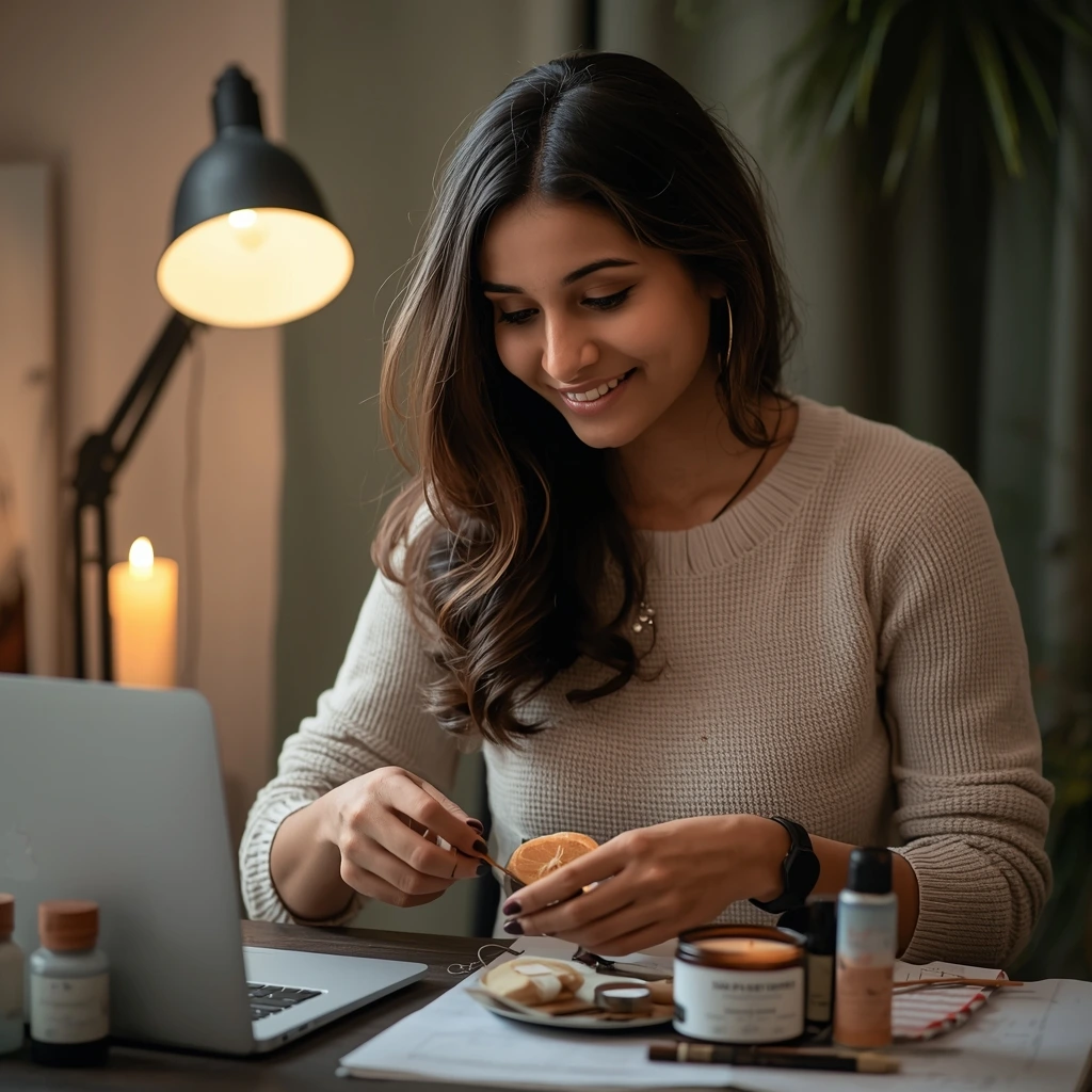 Indian woman starting a small business from home using laptop and minimal setup